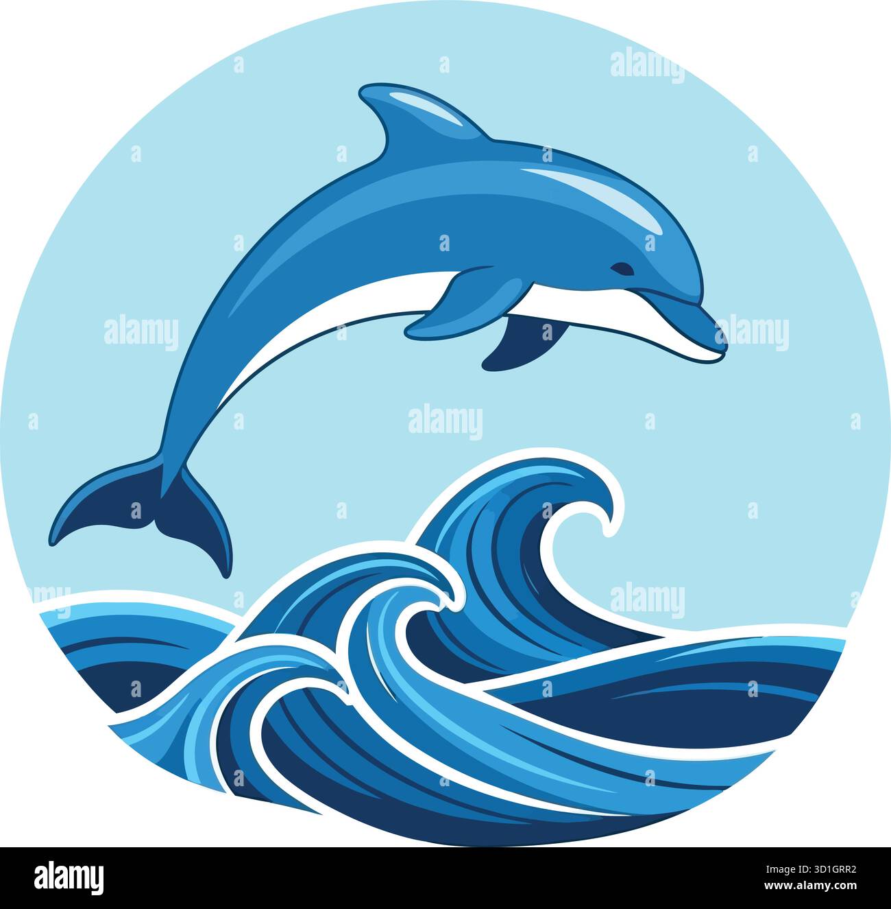 Dolphin Jumping Over Waves stilizzato: Divertente illustrazione della vita marina in toni blu Illustrazione Vettoriale