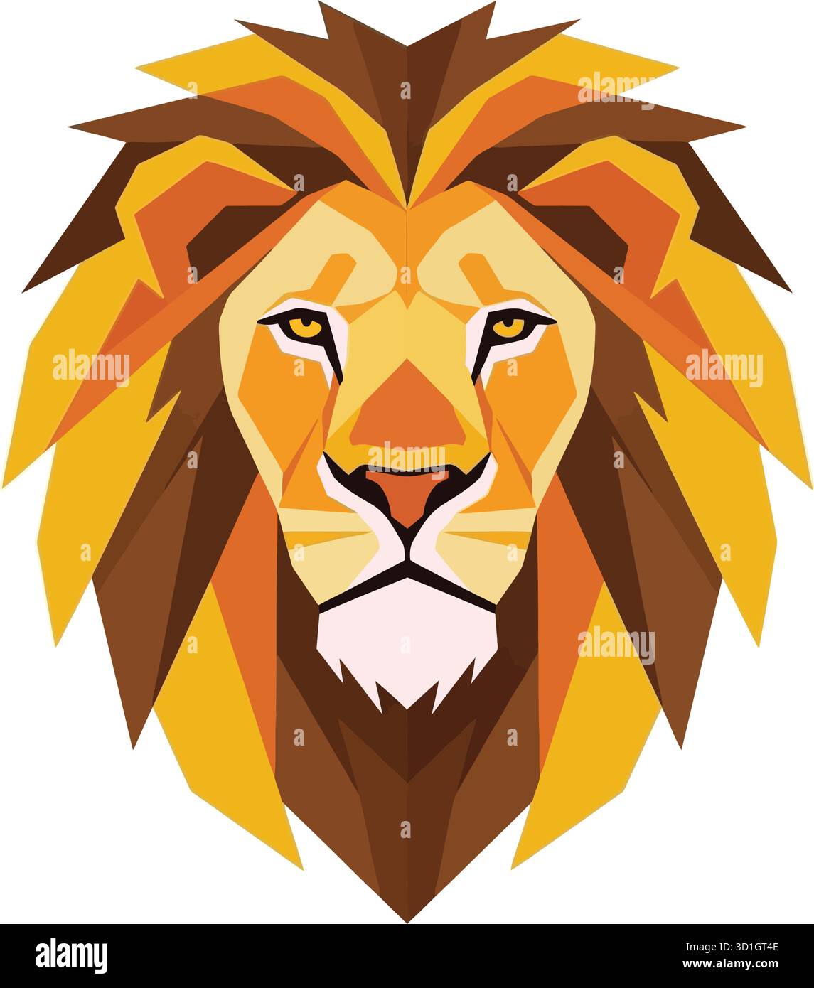 Illustrazione della testa del Leone poligonale – Arte animale astratta moderna con simmetria audace e colori caldi Illustrazione Vettoriale