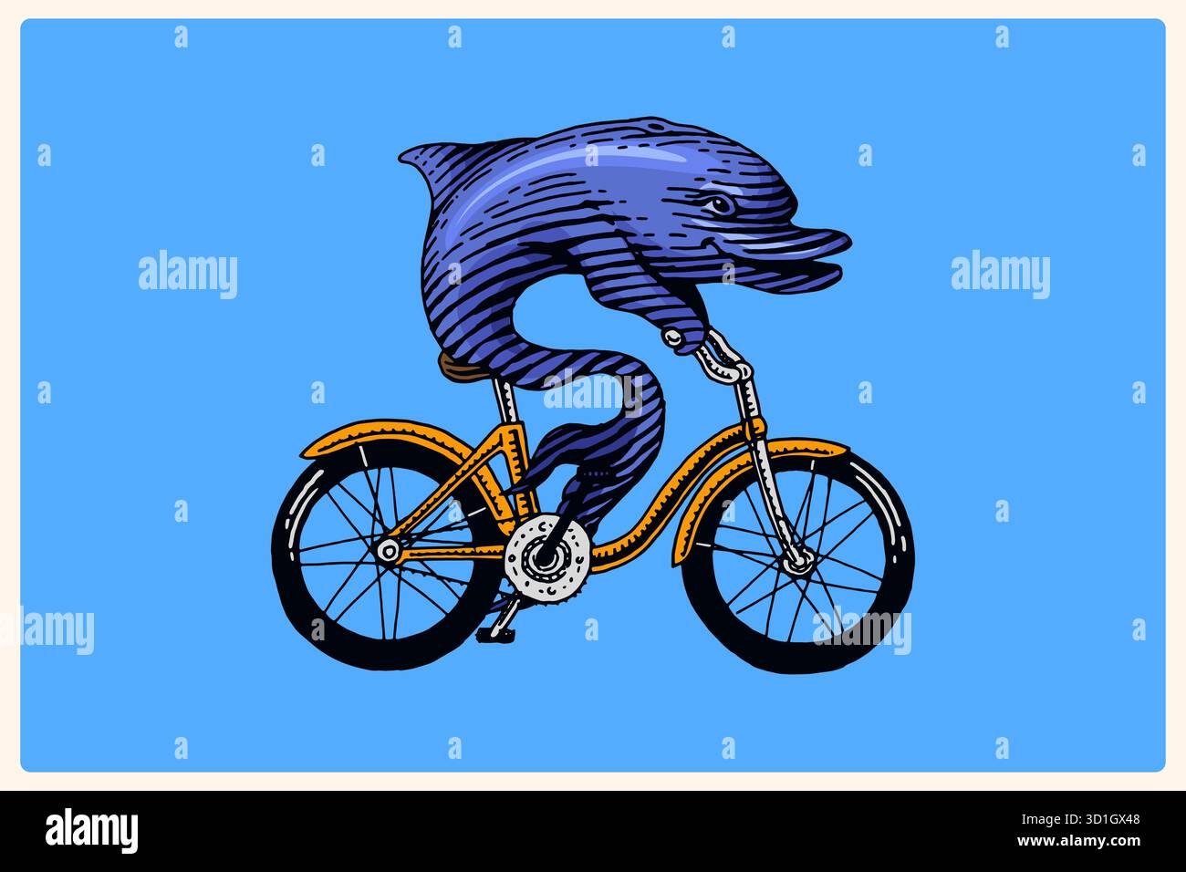 Delfino in bicicletta, in bicicletta. Personaggio animale sul veicolo. Concetto moderno in un look vintage. Incisione disegnata a mano, stile xilografico per eventi sportivi, emblemi Illustrazione Vettoriale