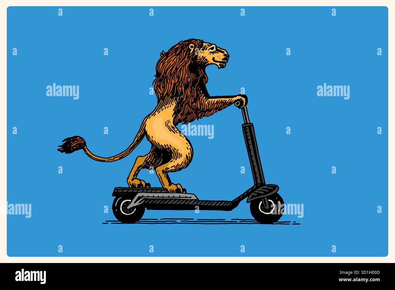 Lion, re degli animali su uno scooter. Personaggio animale sul veicolo. Concetto moderno in un look vintage. Incisione disegnata a mano, stile xilografico per lo sport Illustrazione Vettoriale