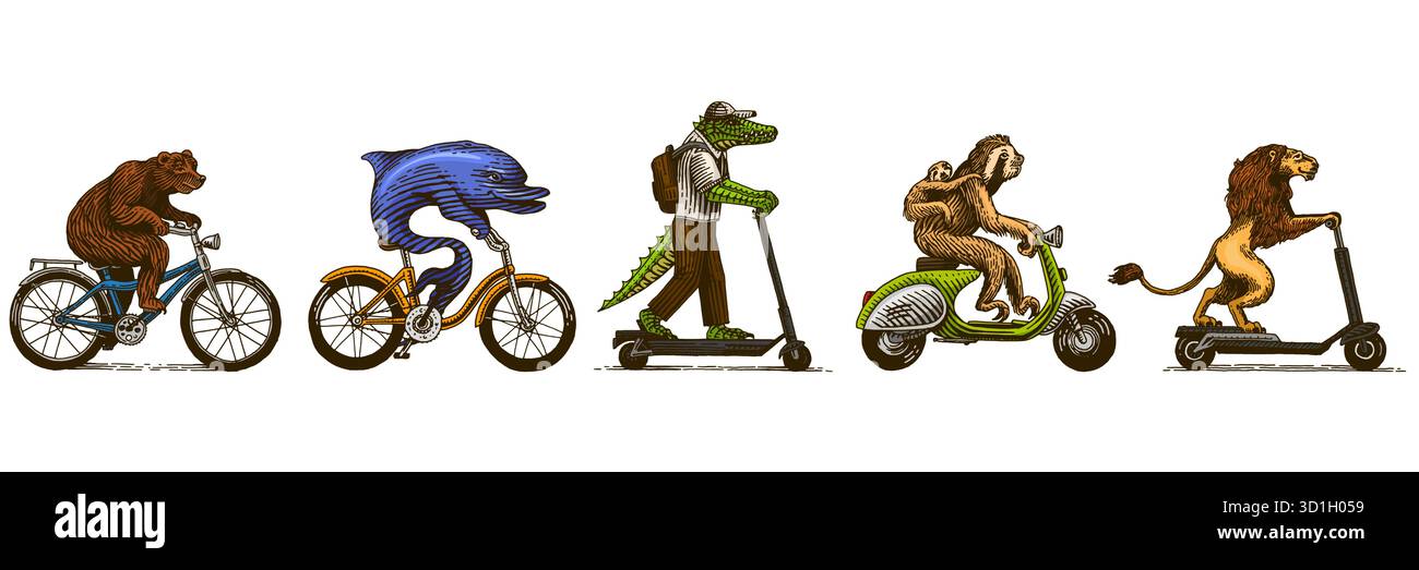 Personaggi di animali sui veicoli. Bradipo con un bambino su uno scooter e delfino su una bicicletta, leone, orso coccodrillo, ippopotamo. Incisione disegnata a mano, in legno Illustrazione Vettoriale