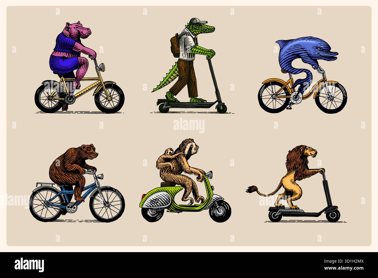 Personaggi di animali sui veicoli. Bradipo con un bambino su uno scooter e delfino su una bicicletta, leone, orso coccodrillo, ippopotamo. Incisione disegnata a mano, in legno Illustrazione Vettoriale