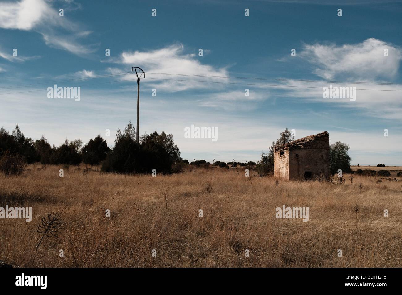 Vecchia casa rurale abbandonata sotto il cielo blu con prato secco, Spagna. Foto Stock