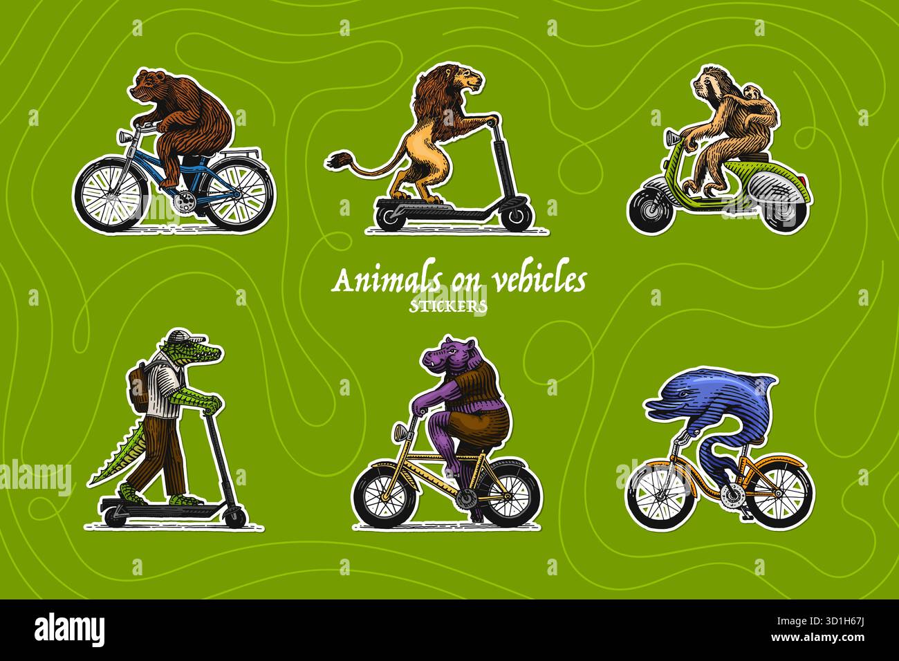 Personaggi di animali sui veicoli. Bradipo con un bambino su uno scooter e delfino su una bicicletta, leone, orso coccodrillo, ippopotamo. Incisione disegnata a mano, in legno Illustrazione Vettoriale