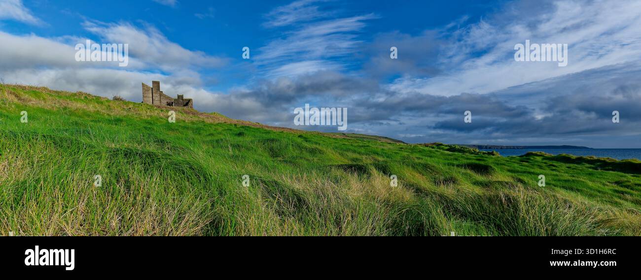 Una collina verde e erbosa degrada verso l'oceano a West Cork. Gli edifici in rovina sorgono sulla cresta della collina sotto un cielo pieno di bianco e g Foto Stock