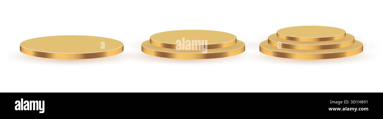 Tre podi d'oro. Piattaforme premio di lusso. Eleganti palchi da esposizione. Stand vincitore del concorso. Illustrazione Vettoriale