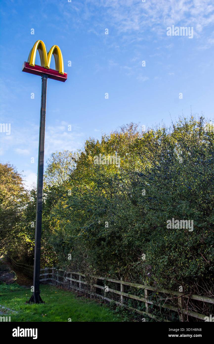 Segno del ristorante McDonald's nella stazione di servizio, con sfondo blu cielo Foto Stock