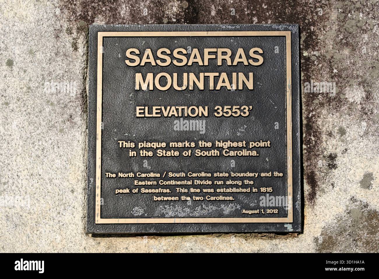 Insegna del monte Sassafras che indica l'altitudine in South Carolina, Stati Uniti Foto Stock