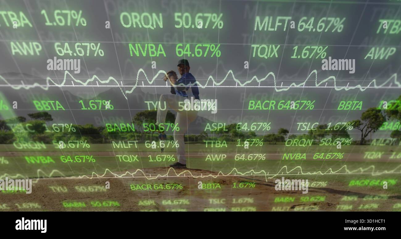 Due compagni di squadra di baseball che lanciano e catturano palla sul campo con guanto e copertura del mercato azionario Foto Stock