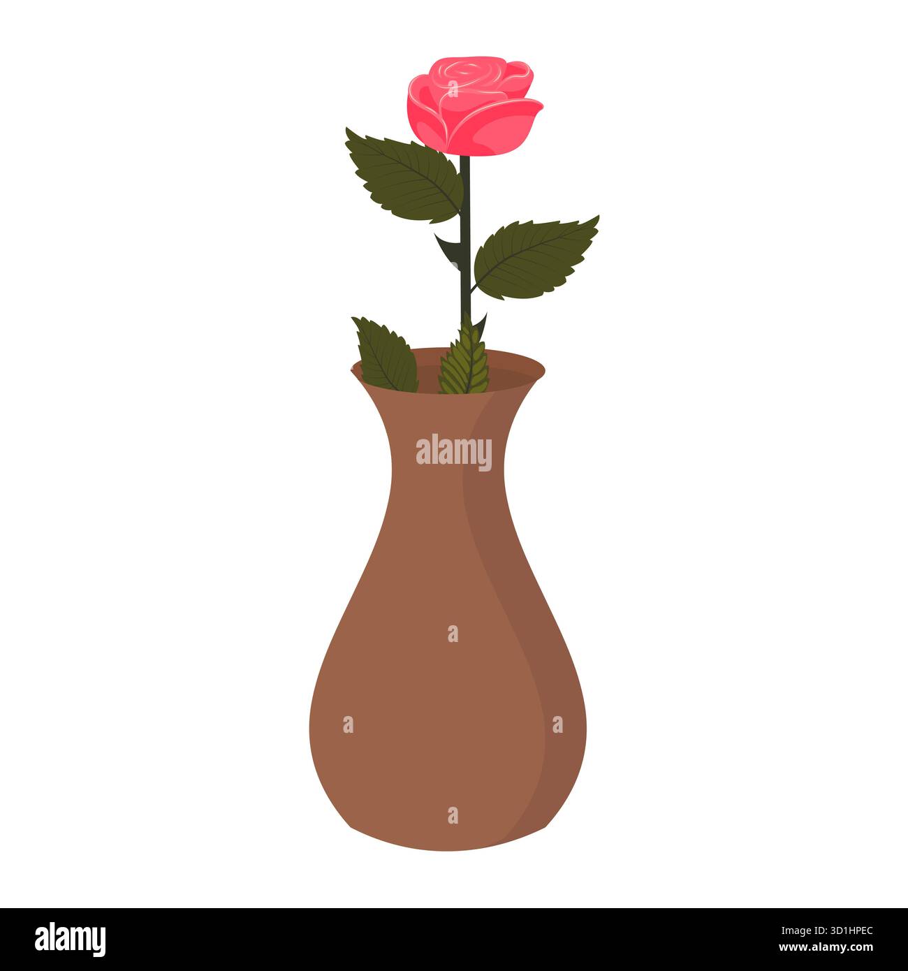 Una rosa rosa brillante in un vaso di ceramica. Illustrazione vettoriale su sfondo bianco. Illustrazione Vettoriale
