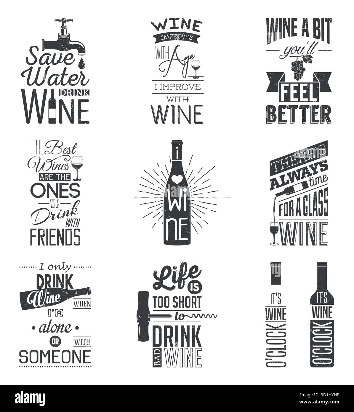 Set tipografico Vector Wine Quotes. Citazioni e frasi di vino ispirate in bianco e nero, divertenti citazioni di vini per Bar Wall Art, poster di design del ristorante Illustrazione Vettoriale