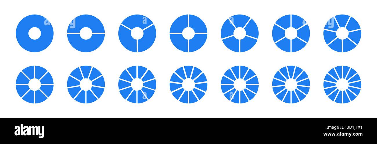 Durata ruote rotonde diagrammi divisi con segmenti. Divisione cerchio su 1, 2, 3, 4, 5, 6, 7, 8, 9, 10, 11, 12, 13, 14 parti uguali. Infografica vuota Illustrazione Vettoriale
