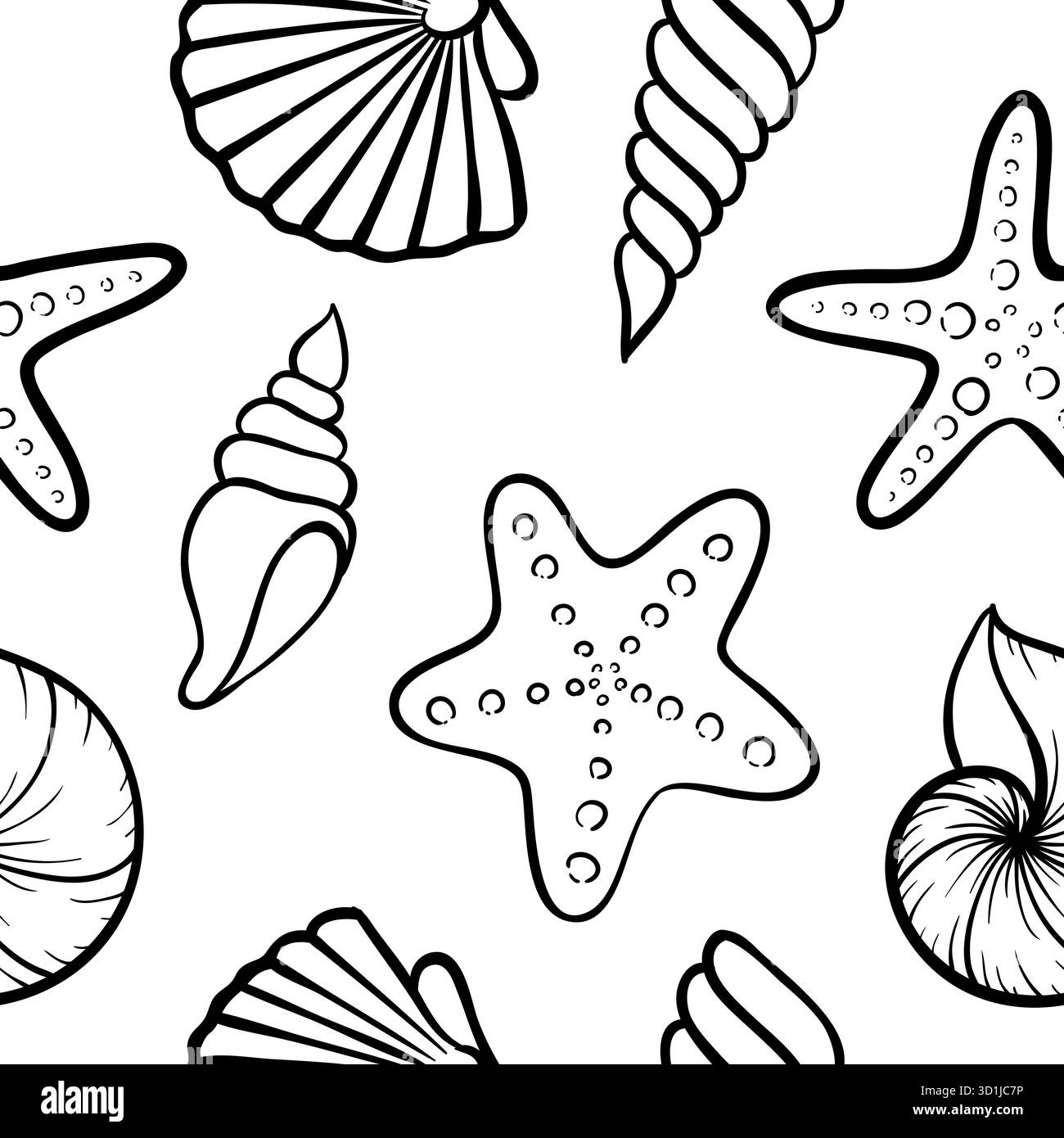 Motivo Seashell in bianco e nero senza cuciture. design per biglietti d'auguri e invito a vacanze estive stagionali, feste estive in spiaggia, turismo Illustrazione Vettoriale