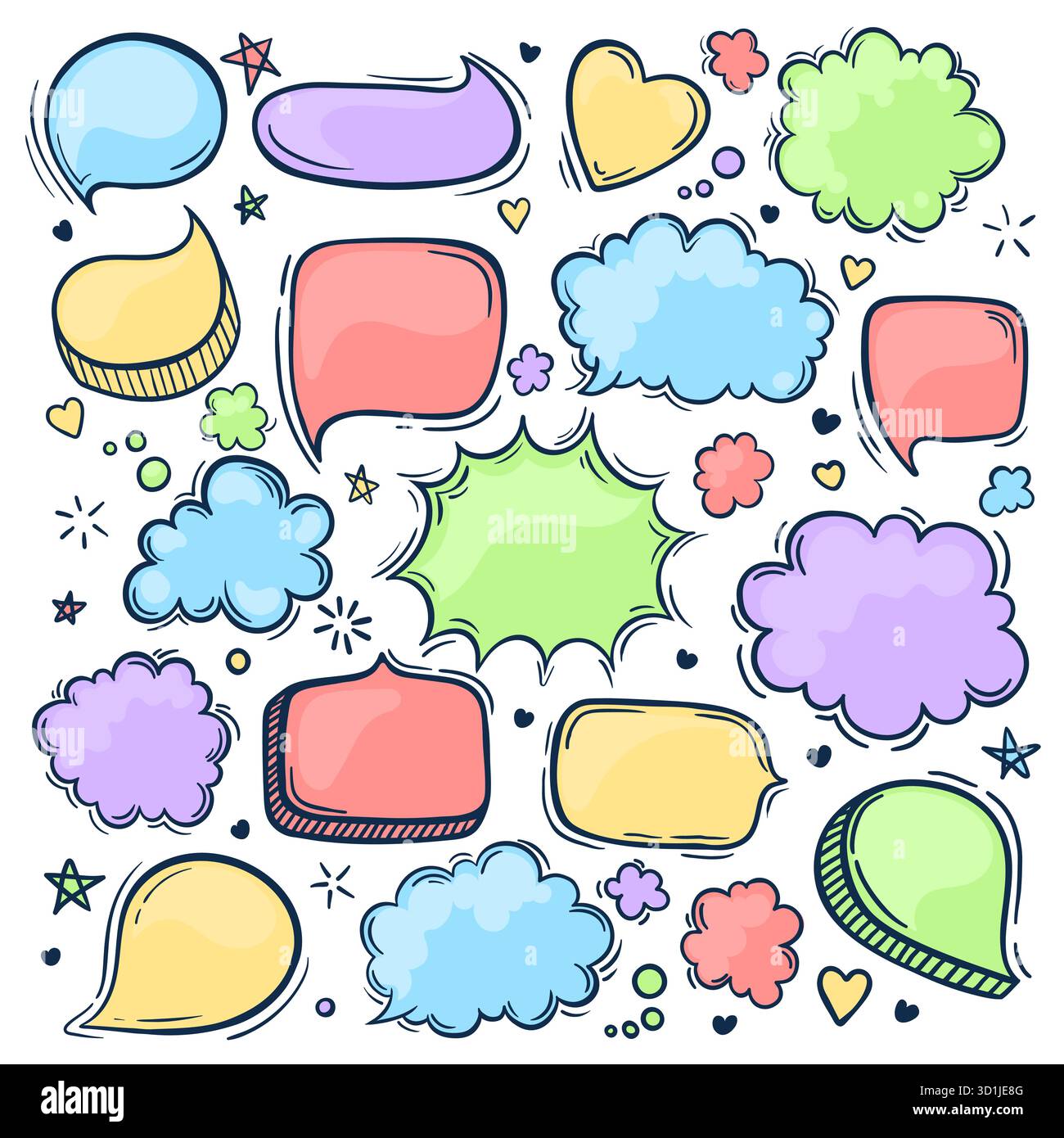 Set di bolle Speach colorate disegnate a mano. Colori pastello. Illustrazione vettoriale Illustrazione Vettoriale