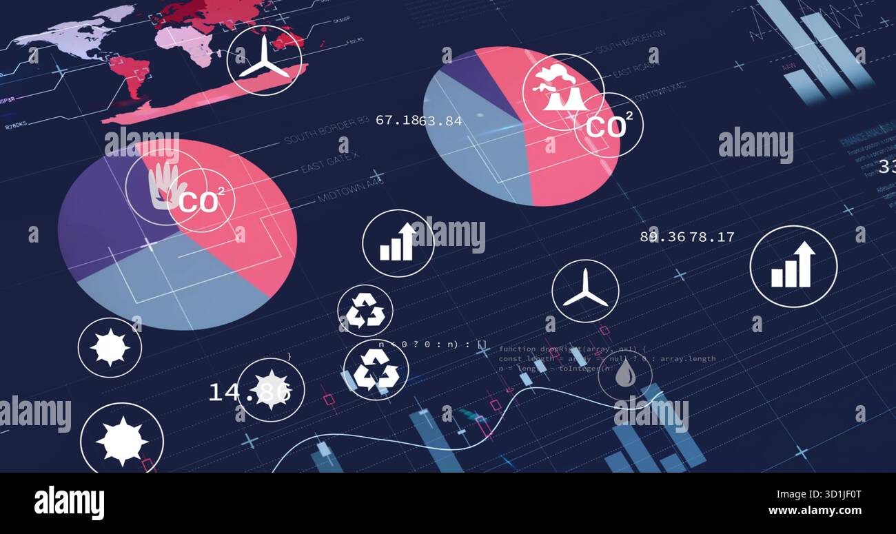 Visualizzazione del dashboard analitico su una griglia scura, con grafici, mappa del mondo e icone ambientali Foto Stock