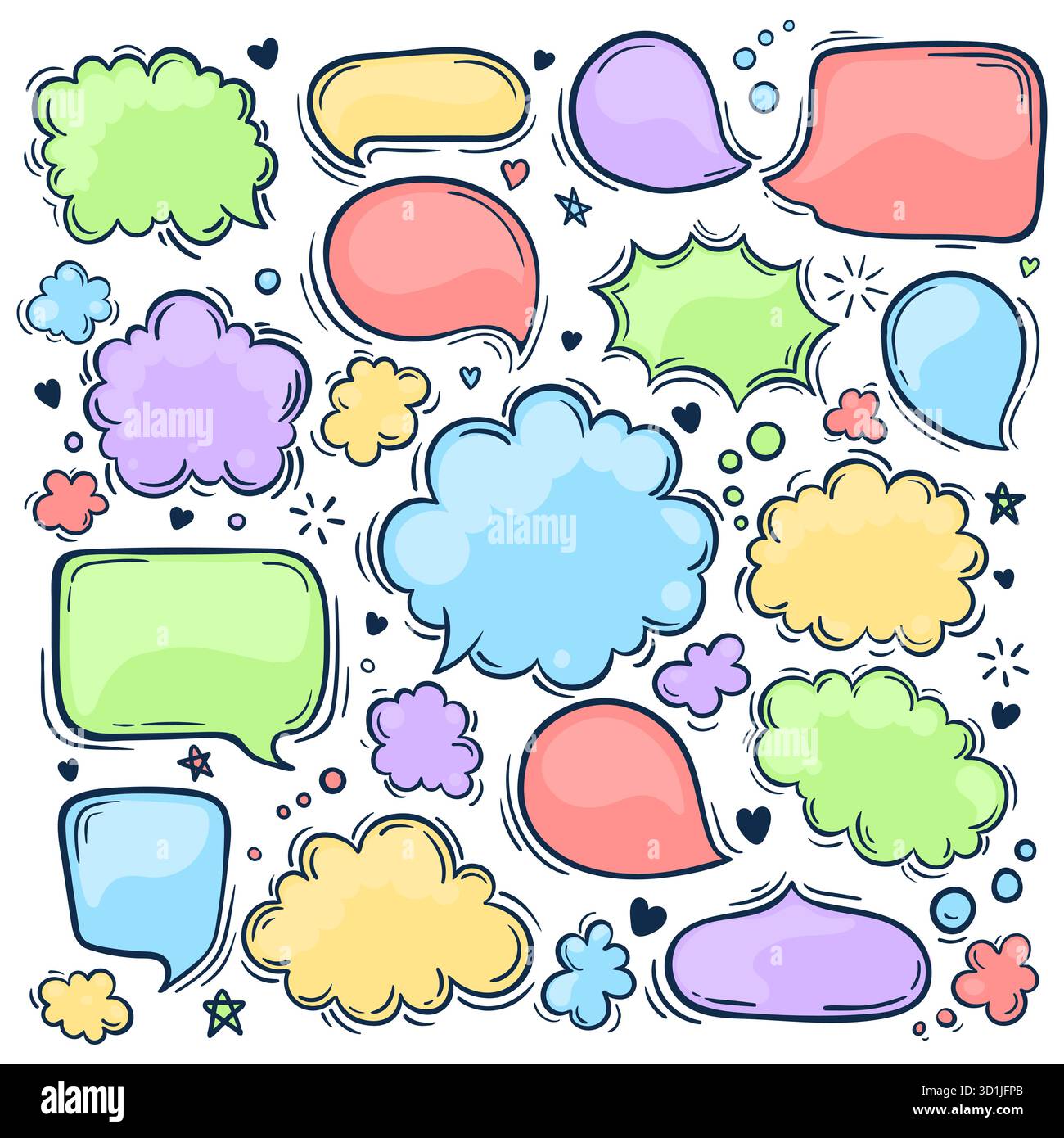 Set di bolle Speach colorate disegnate a mano. Colori pastello. Illustrazione vettoriale Illustrazione Vettoriale