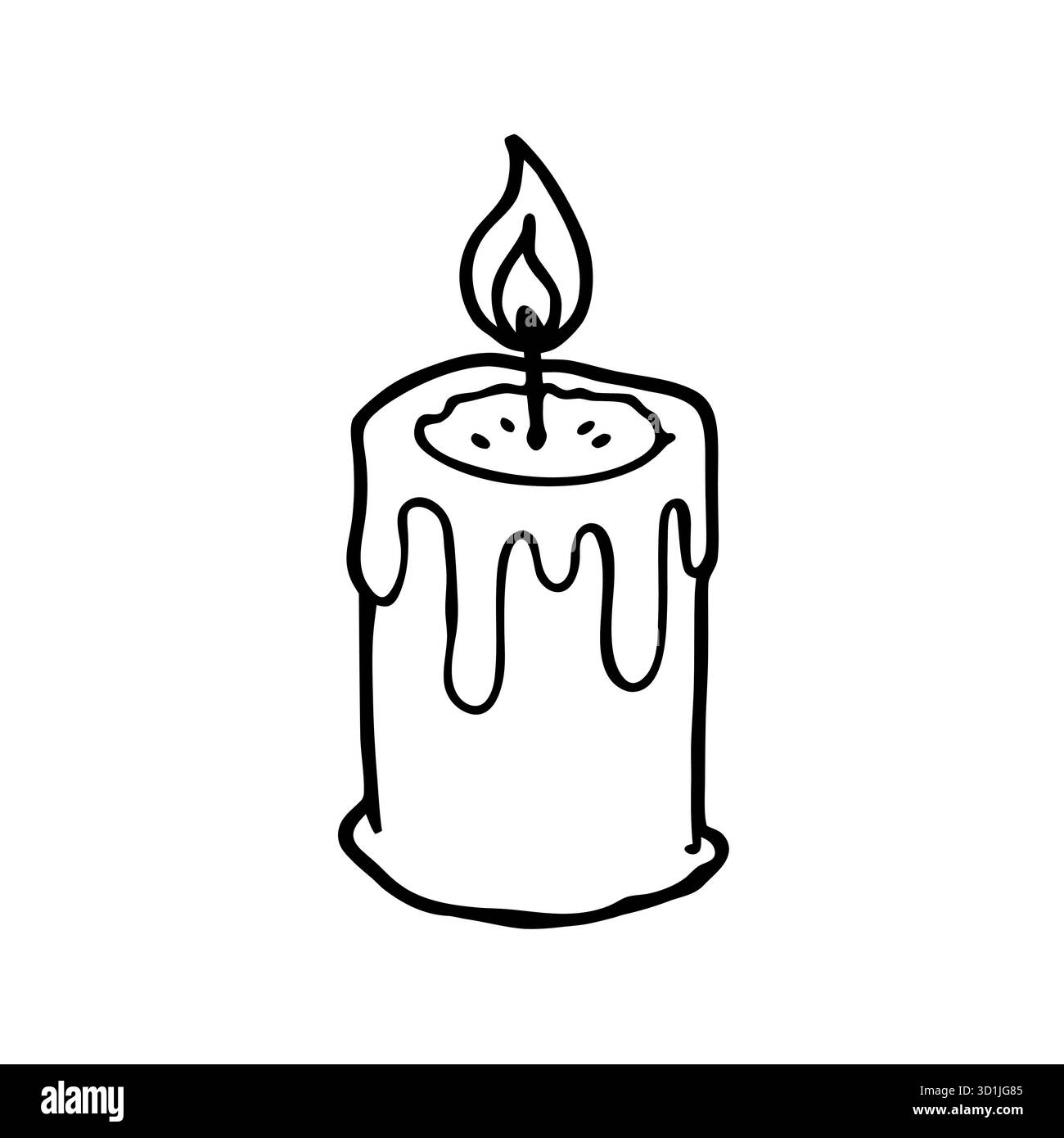 Disegno della linea della candela in bianco e nero - icona Vector minimalista di candela a cera accesa con fiamma e cera gocciolante Illustrazione Vettoriale