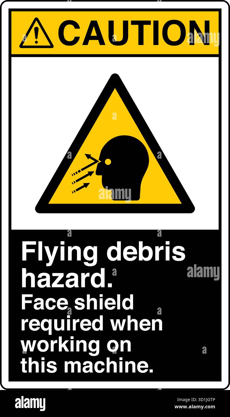 Segnale di sicurezza – pericolo di detriti volanti avvisa di potenziali lesioni causate da particelle o oggetti espulsi durante il funzionamento. Indica la necessità di occhio e viso p Illustrazione Vettoriale