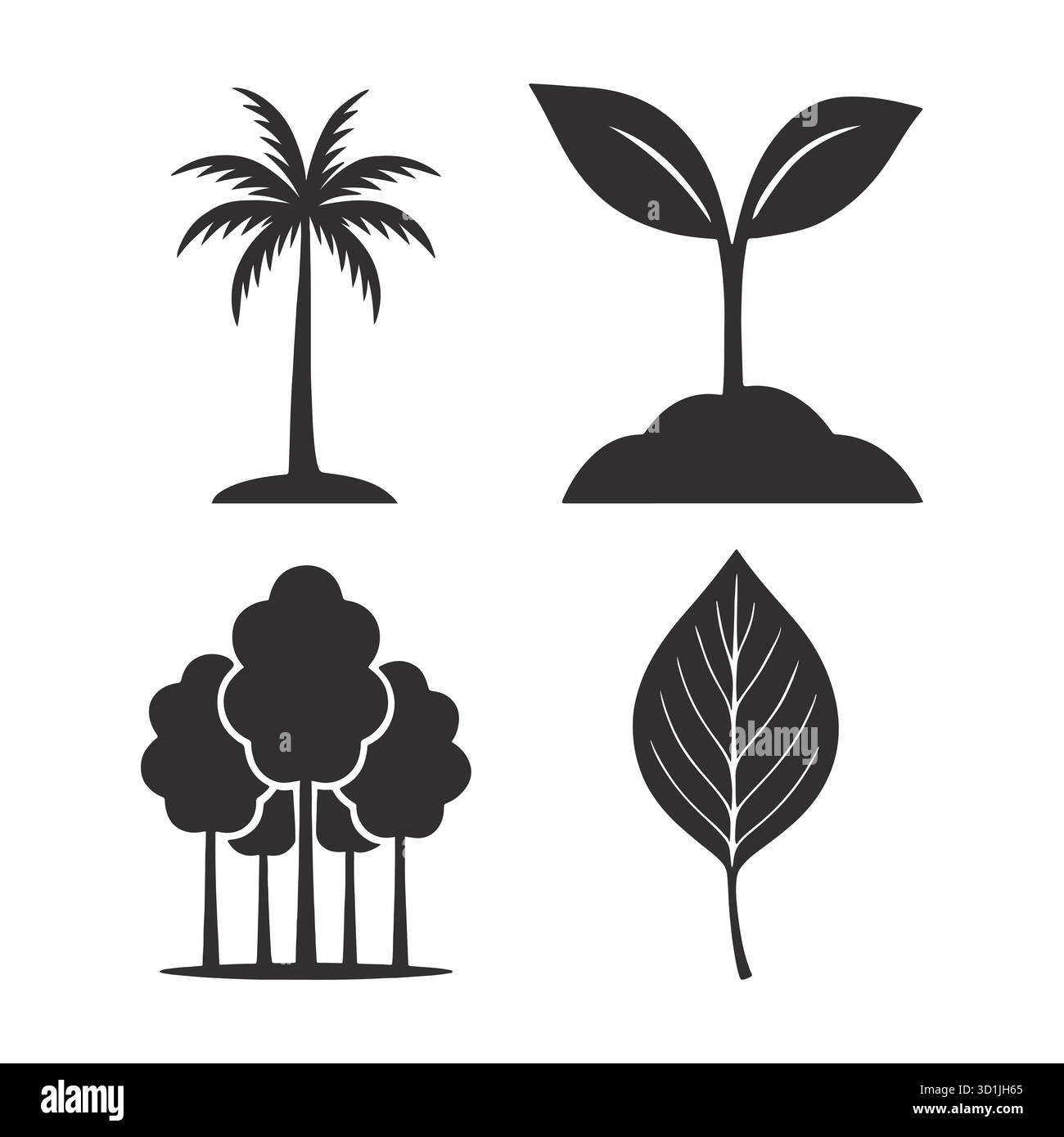 Set icone silhouette crescita piante - Palm Tree, Sprout, Forest, Leaf - Nature and Ecology Vector Collection Illustrazione Vettoriale