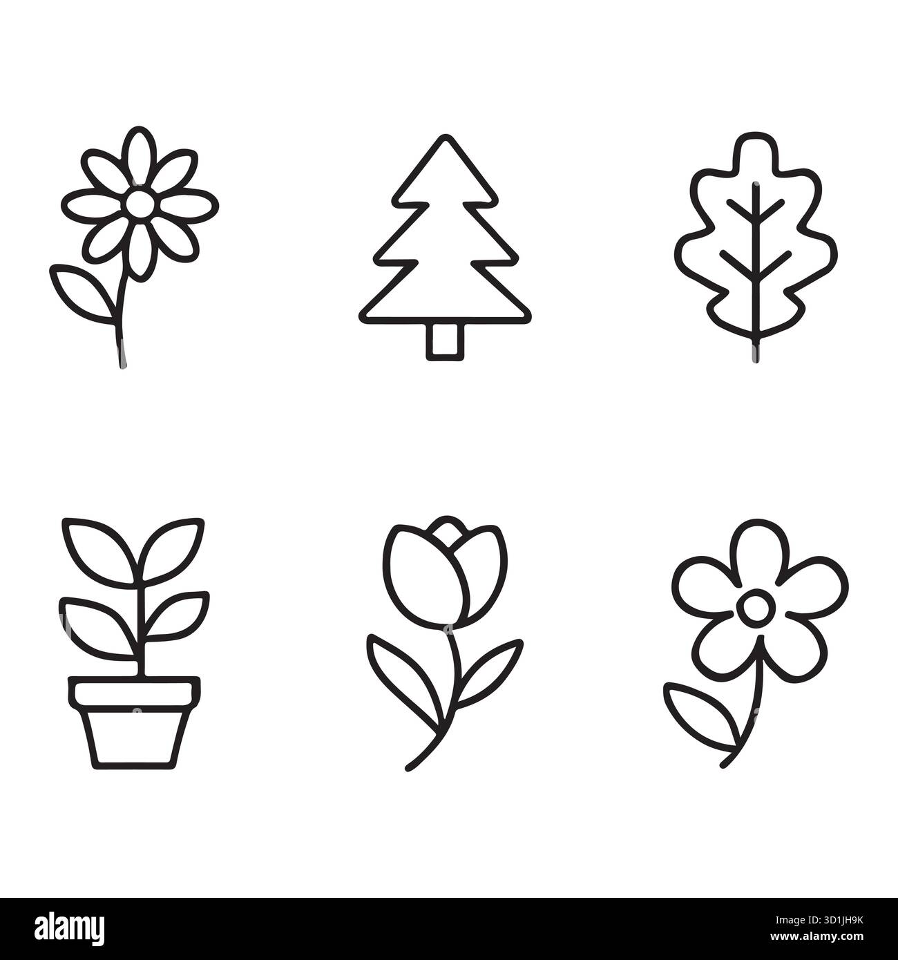 Set di icone minimaliste per linee di piante e alberi - profili botanici neri con fiori, foglie e piante in vaso Illustrazione Vettoriale