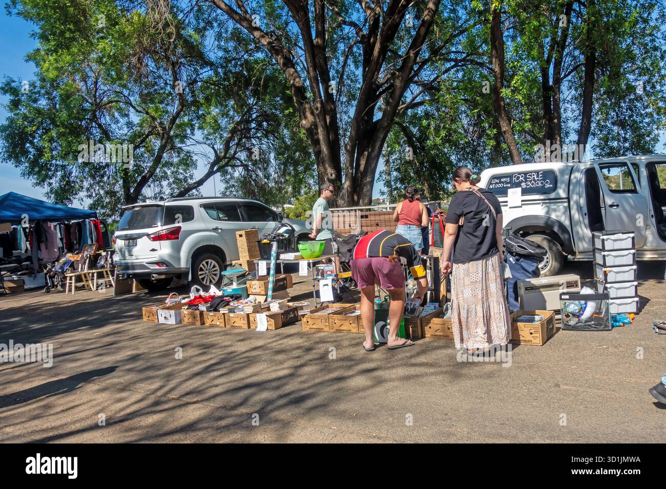 Vendita di stivali per auto in una giornata di sole all'ombra degli alberi autoctoni, Tamworth Australia. Foto Stock