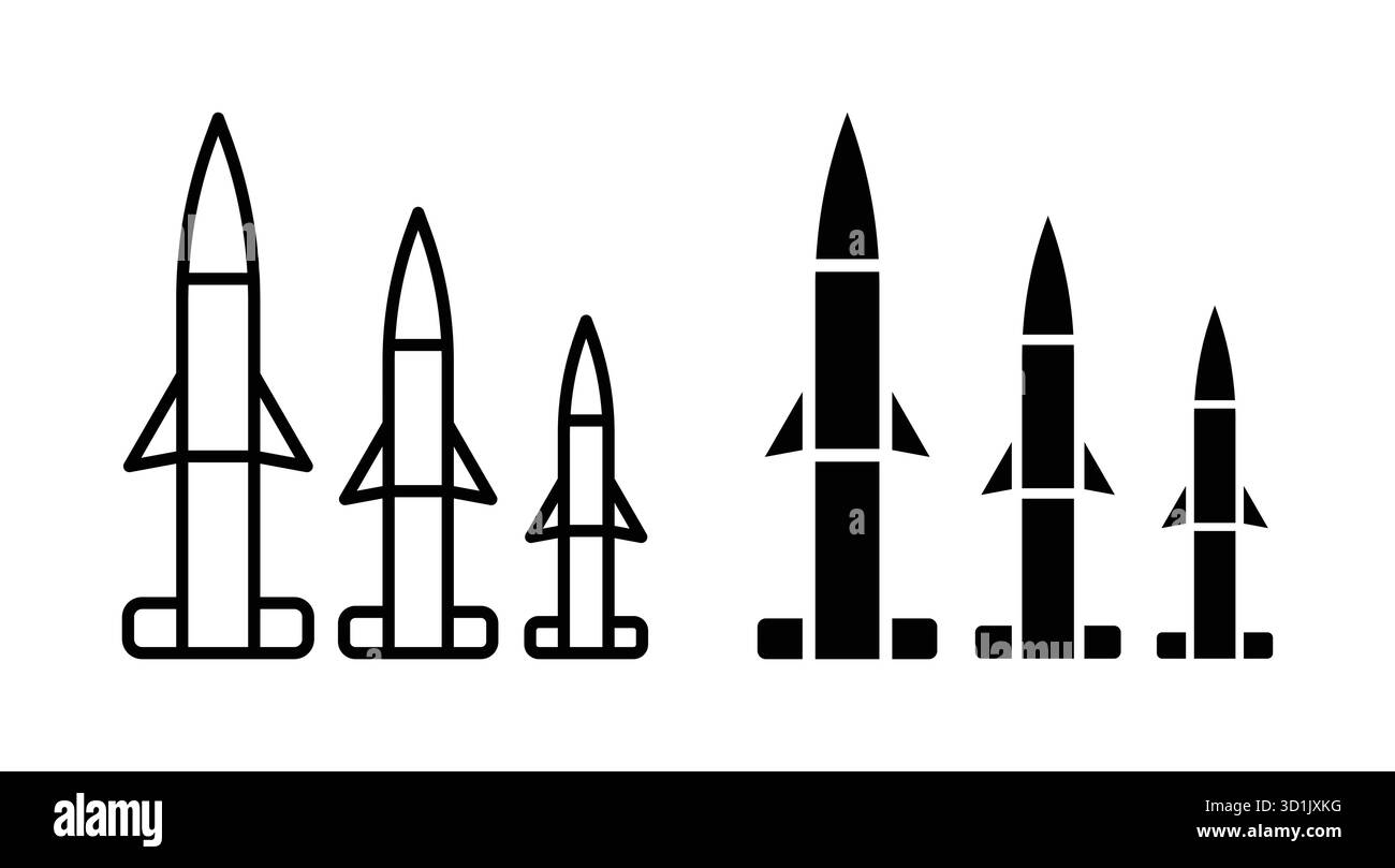 Illustrazione pulita e moderna con silhouette missilistiche in bianco e nero. Ideale per argomenti relativi alla tecnologia militare, alla difesa o al settore aerospaziale Illustrazione Vettoriale