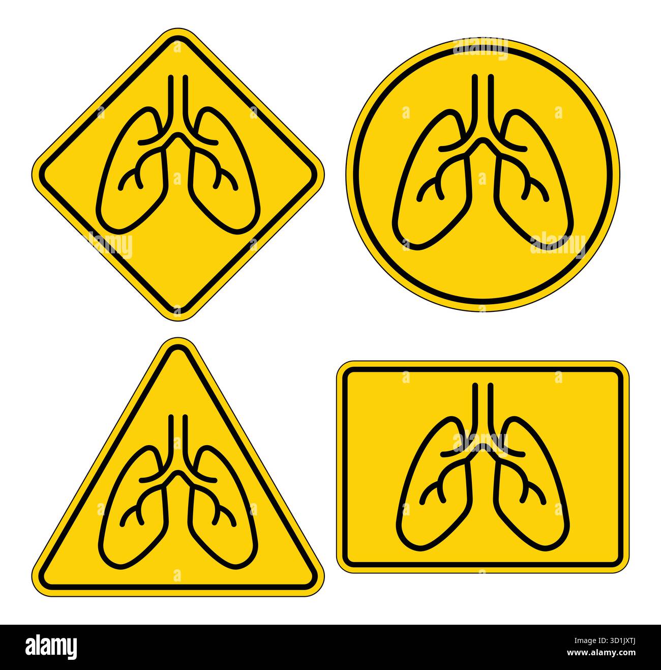 Questa immagine presenta quattro icone polmonari distinte su uno sfondo giallo brillante. Ogni icona è presentata in una diversa forma geometrica, enfatizzando il respir Illustrazione Vettoriale