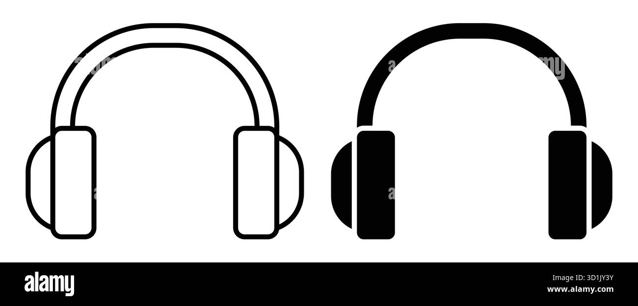 Un paio di cuffie presentate sia in stile contorno che solido, perfette per l'uso in musica, temi audio o design artistici moderni. Illustrazione Vettoriale