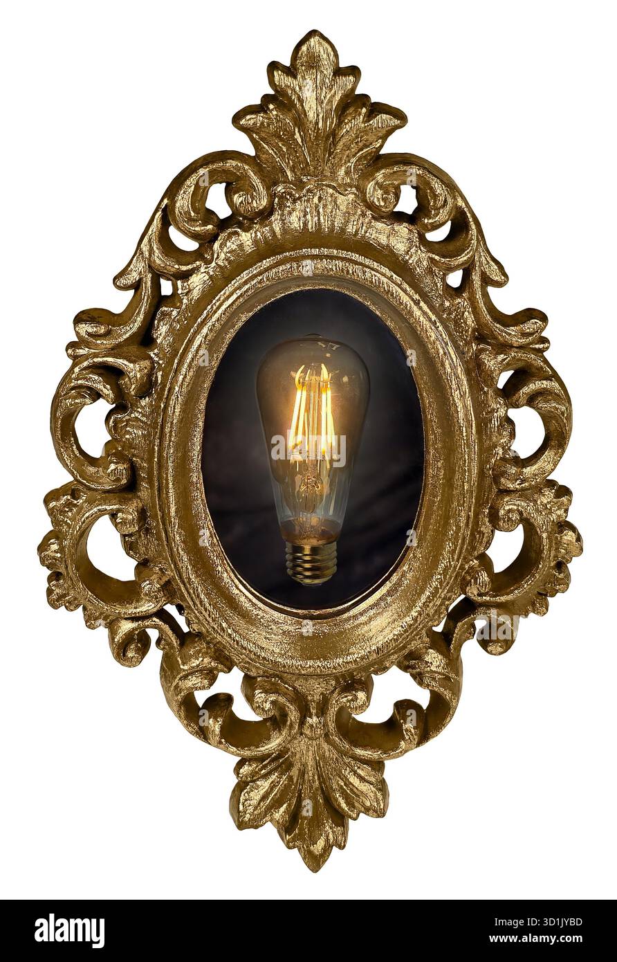 Riflettere sulle buone idee mostrate da uno specchio dorato ornato con una lampadina che mostra idee Foto Stock