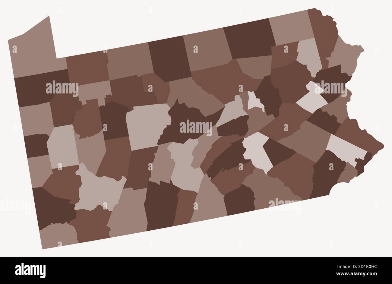 Mappa della Pennsylvania con le contee. Una semplice mappa dei confini di stato con le divisioni delle contee. Tavolozza dei colori marrone. Illustrazione Vettoriale