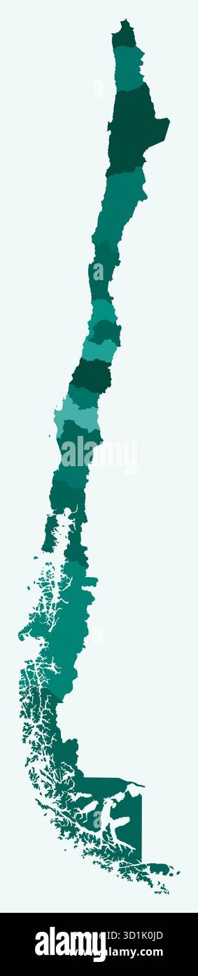 Mappa del Cile con le regioni. Una semplice mappa di confine con la divisione della regione. Tavolozza dei colori ottanio. Illustrazione Vettoriale