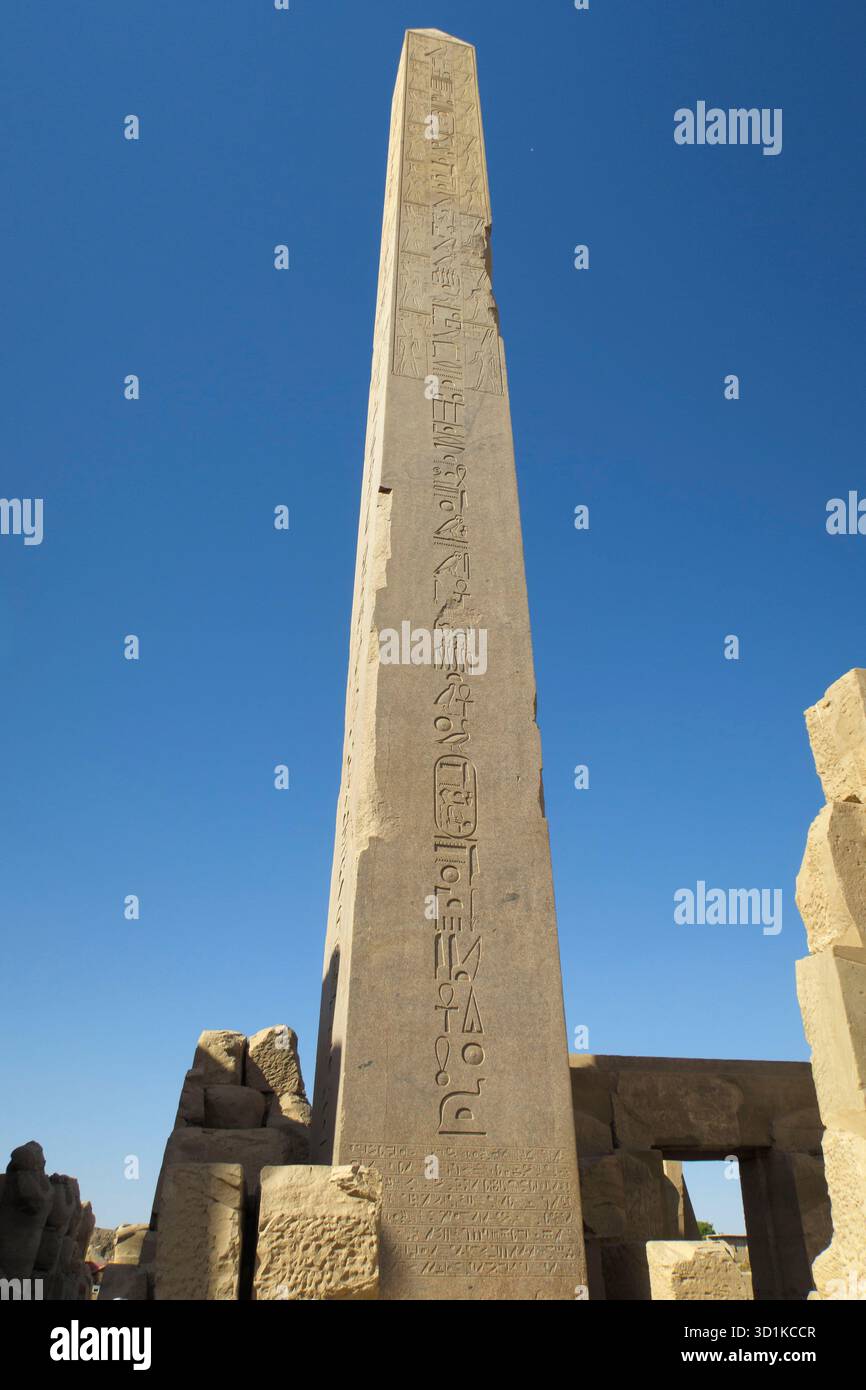 Antico obelisco in pietra di Hatshepsut situato presso il Tempio di Karnak a Luxor, Egitto Foto Stock