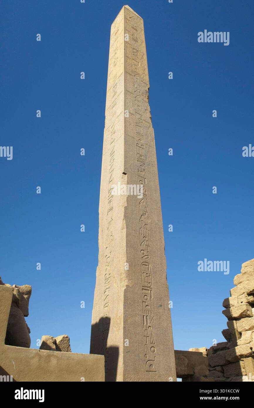 Antico obelisco in pietra di Hatshepsut situato presso il Tempio di Karnak a Luxor, Egitto Foto Stock