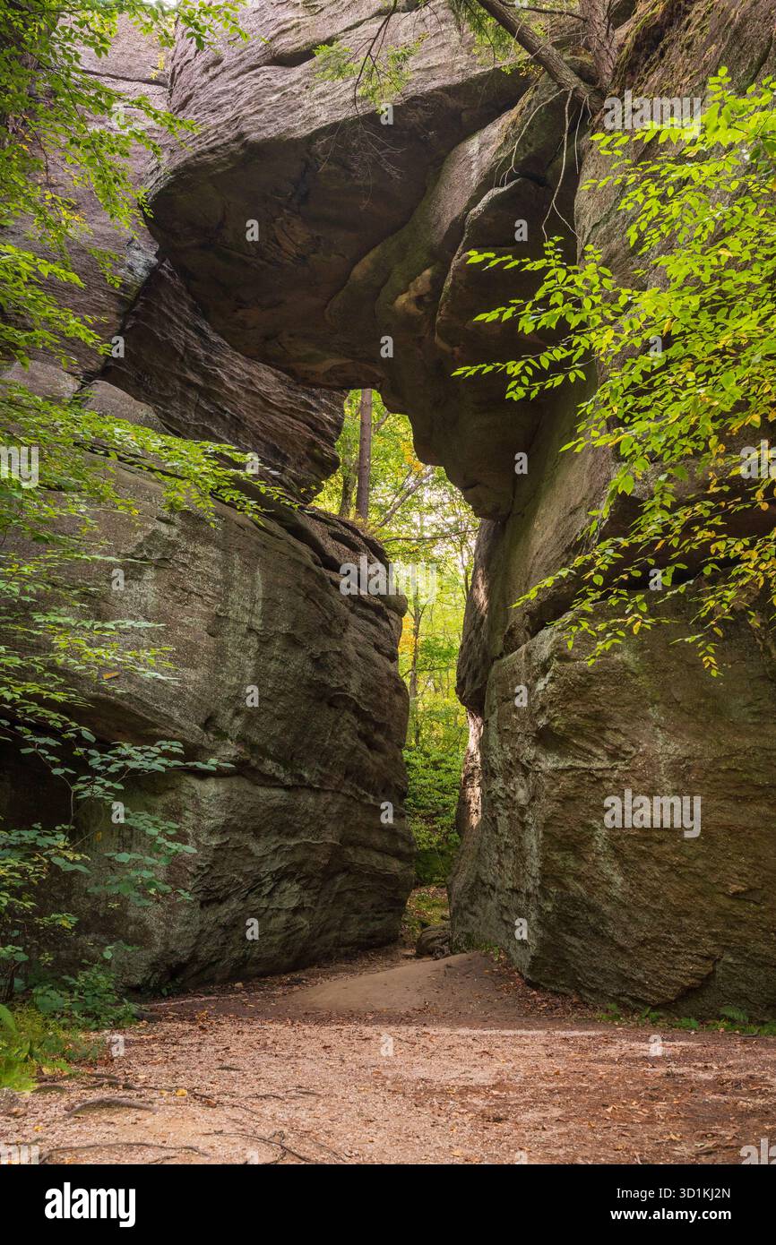 Un passaggio ombreggiato tra due grandi massi si trova sotto una lastra inclinata, con foglie verdi davanti e un sentiero soleggiato sotto a Rock City, New York. Foto Stock