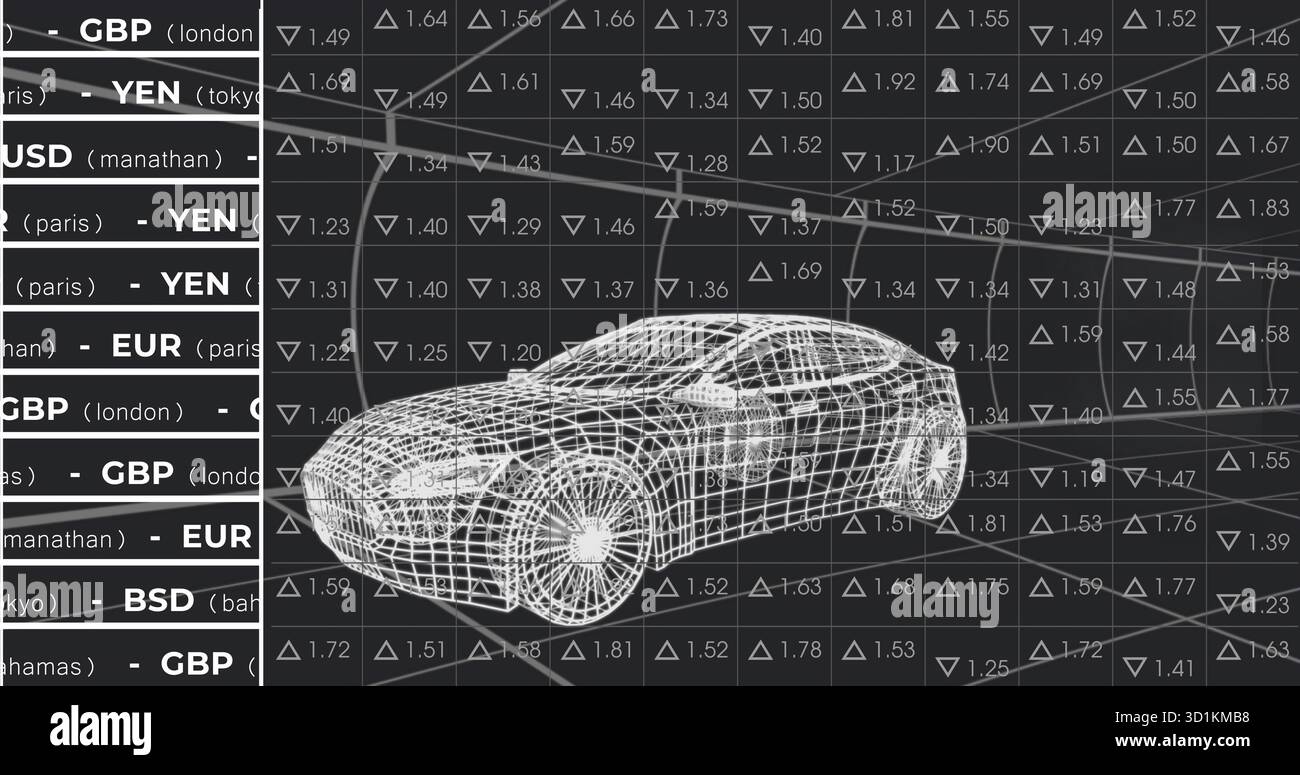 Visualizzazione del modello di auto sportive con struttura a reticolo 3D sul dashboard di trading con griglia del tasso di cambio e spazio di copia Foto Stock
