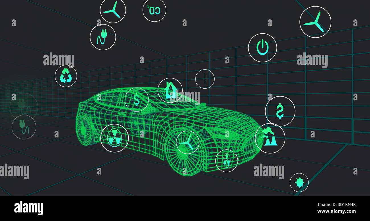 Visualizzazione del modello berlina con struttura a reticolo verde neon che galleggia all'interno di una camera 3D a griglia, con icone eco-tech Foto Stock