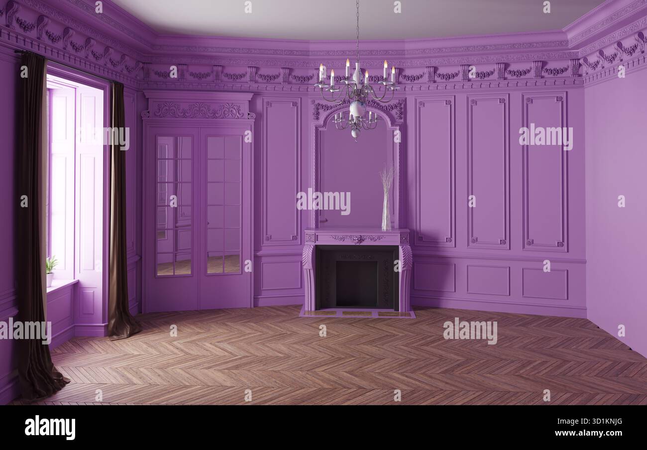 Una camera vuota in stile classico con pareti viola, modanature ornamentali e un caminetto. La camera presenta un pavimento in parquet a spina di pesce e un lampadario di cristallo Foto Stock