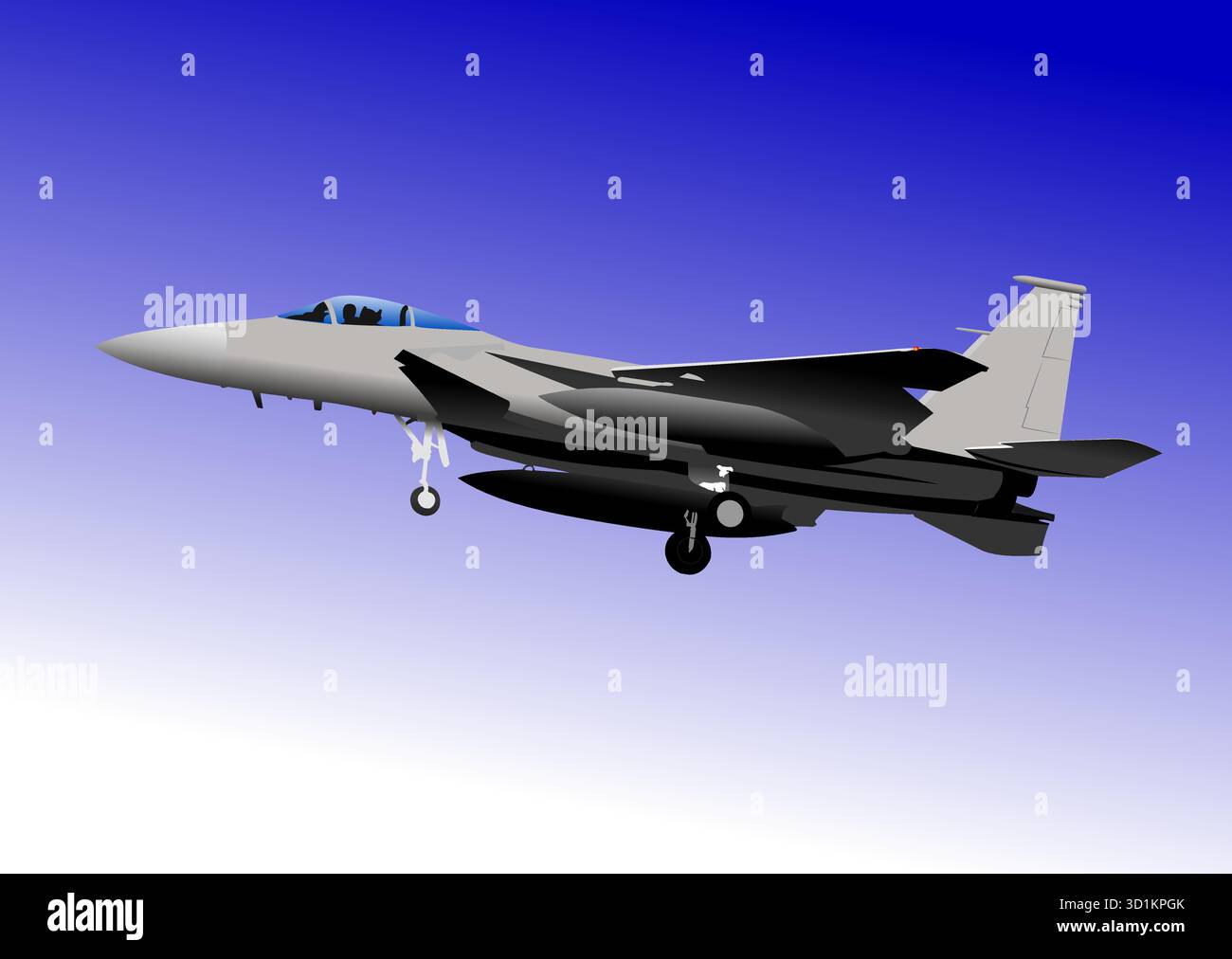 Il moderno aereo da caccia militare sta volando nel cielo blu. Illustrazione disegnata a mano Illustrazione Vettoriale
