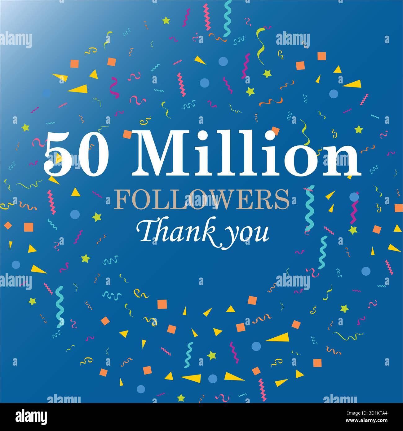 Cinquanta milioni di seguaci dei social media. Grazie 50 milioni di follower, Vector Greeting ArtWork sfondo sfumato blu cielo. Illustrazione Vettoriale