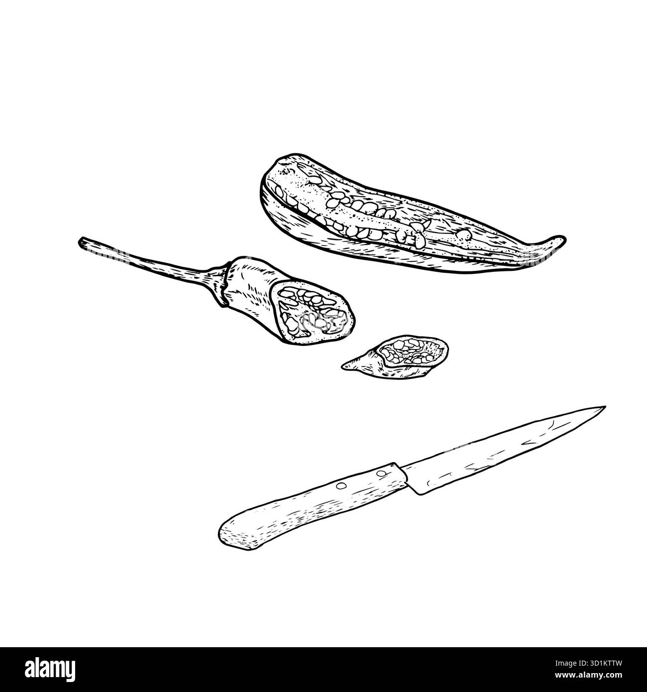 Pepe caldo e un coltello da cucina, sketch. Illustrazione vettoriale. Verdure fresche tagliate a fette e anelli, il set è isolato su un backgroun bianco Illustrazione Vettoriale