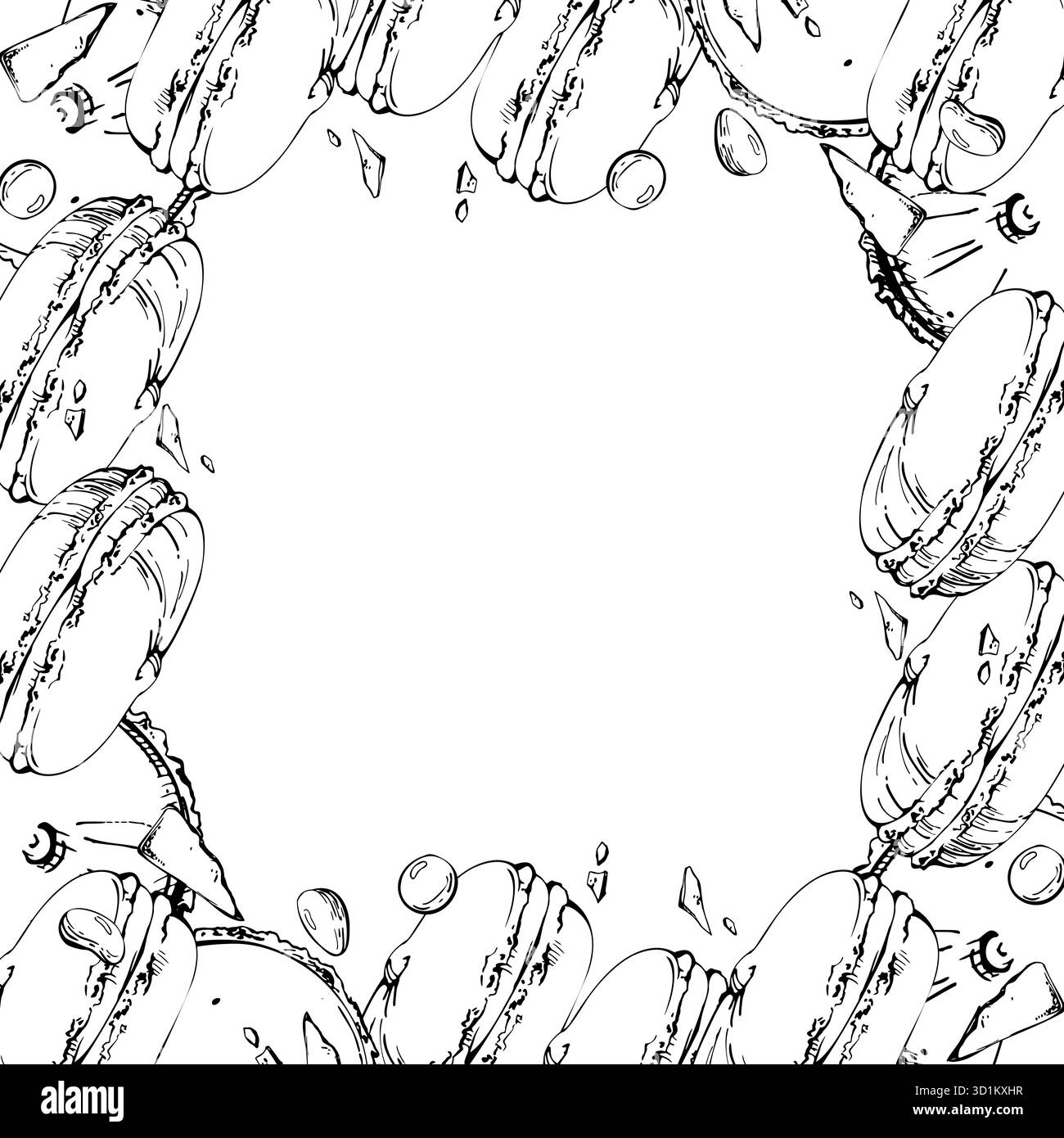 Caramelle con dolci dragee su macaron, panini in stile souffle e torte di whoopie. Immagine isolata del telaio disegnata a mano con inchiostro vettoriale. Negozio di dolci Illustrazione Vettoriale