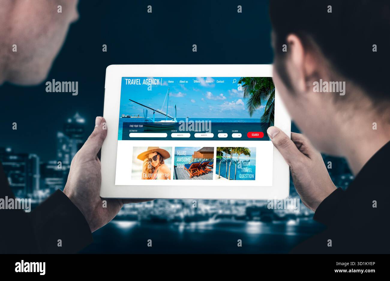 Sito web dell'agenzia di viaggi online per la ricerca e la pianificazione del viaggio offerte e pacchetti per la prenotazione di voli, hotel e tour Foto Stock