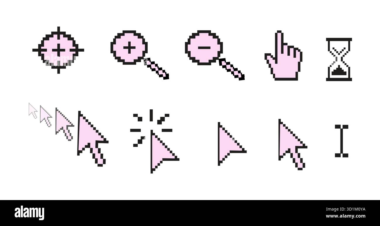 Icone cursore pixel e puntatore impostate in stile retrò. Simboli minimi di freccia, mano, clessidra, lente di ingrandimento e selezione del testo per Web e app Illustrazione Vettoriale