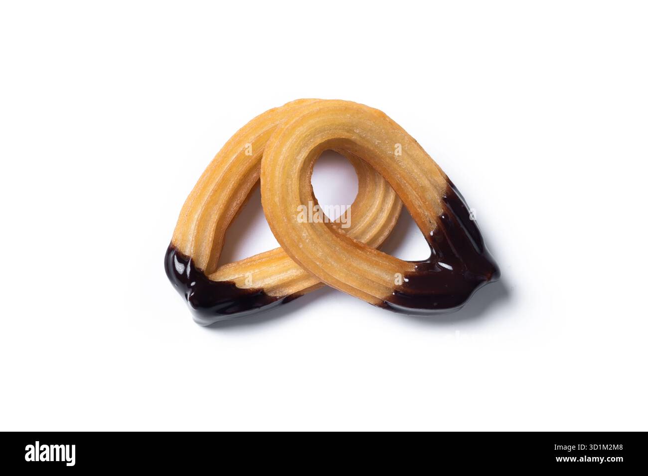 Churros spagnoli tradizionali con cioccolato isolato su sfondo bianco Foto Stock