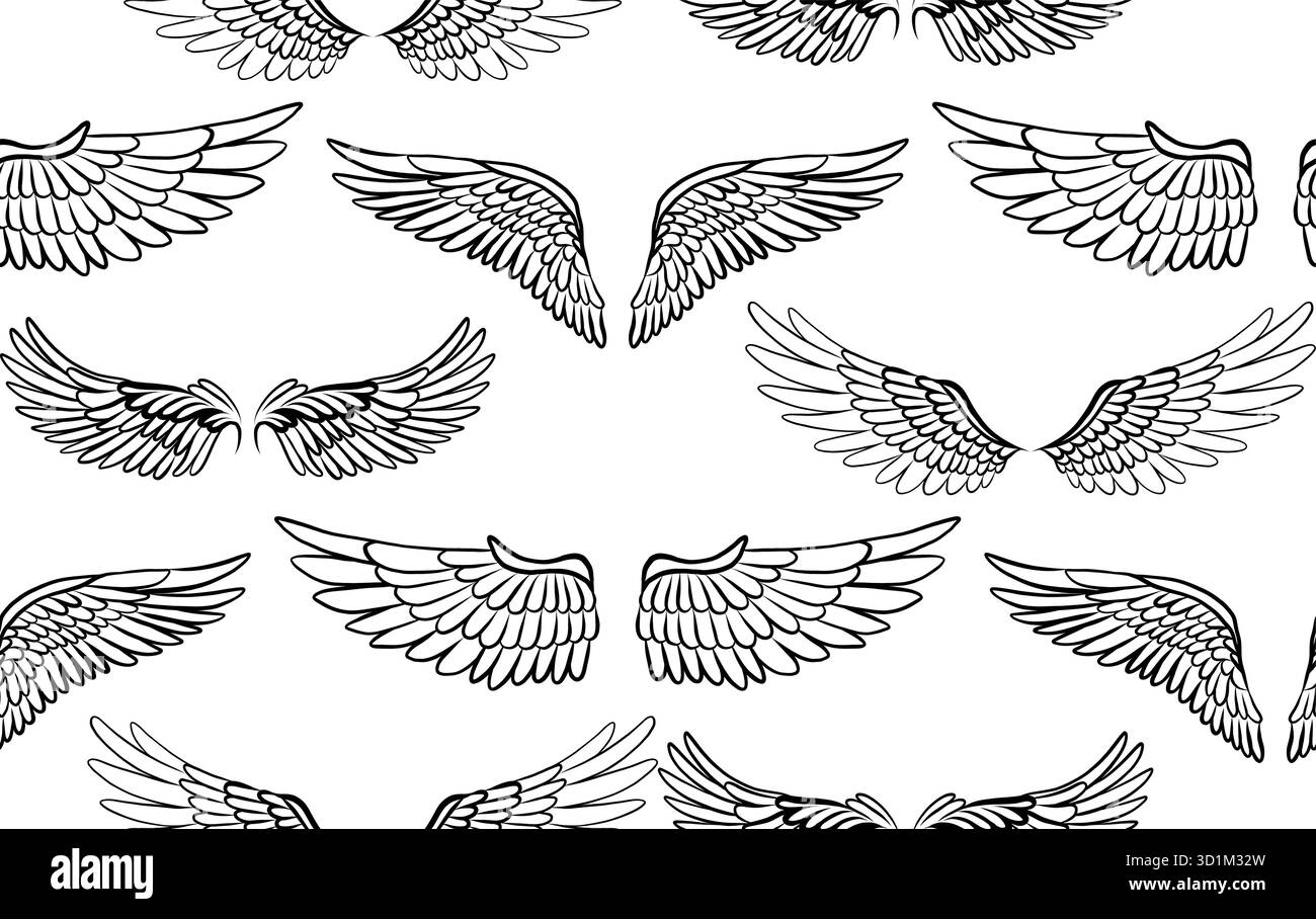 Motivo vettoriale delle ali angeliche con contorno nero su sfondo bianco. Texture con piume disegnate a mano. Ideale per la carta da parati, la stampa e il tessuto fantasia Illustrazione Vettoriale