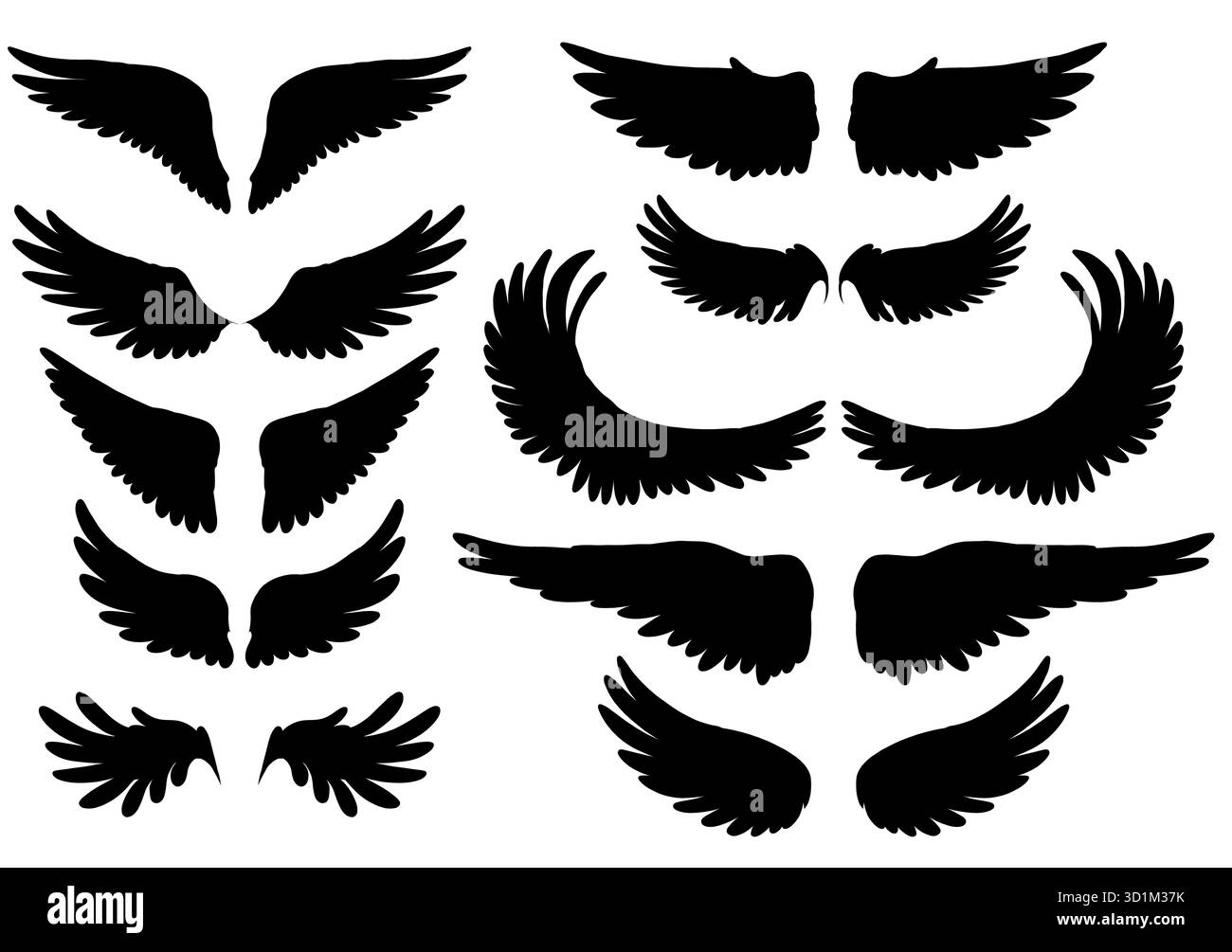 Set di clip grafiche vettoriali con silhouette nera di ali di uccelli. Collezione di ali d'angelo isolate dallo sfondo. Un simbolo di libertà e di volo per il bastone Illustrazione Vettoriale