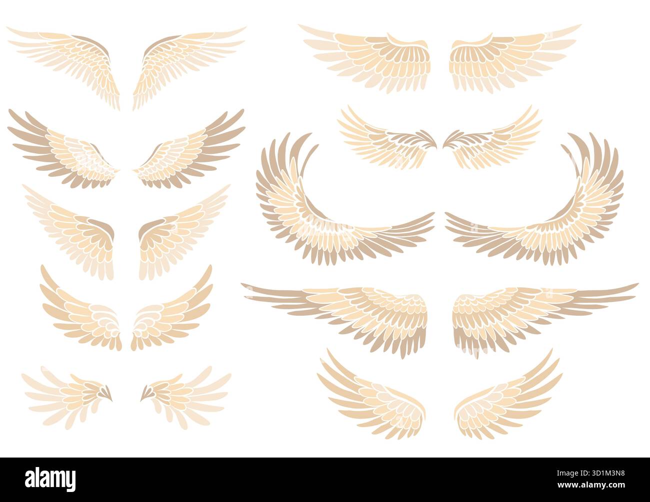Set di arti vettoriali con ali di uccello dei cartoni animati. Collezione di ali d'angelo isolate dallo sfondo. Un simbolo di libertà e di volo per adesivi e palo Illustrazione Vettoriale