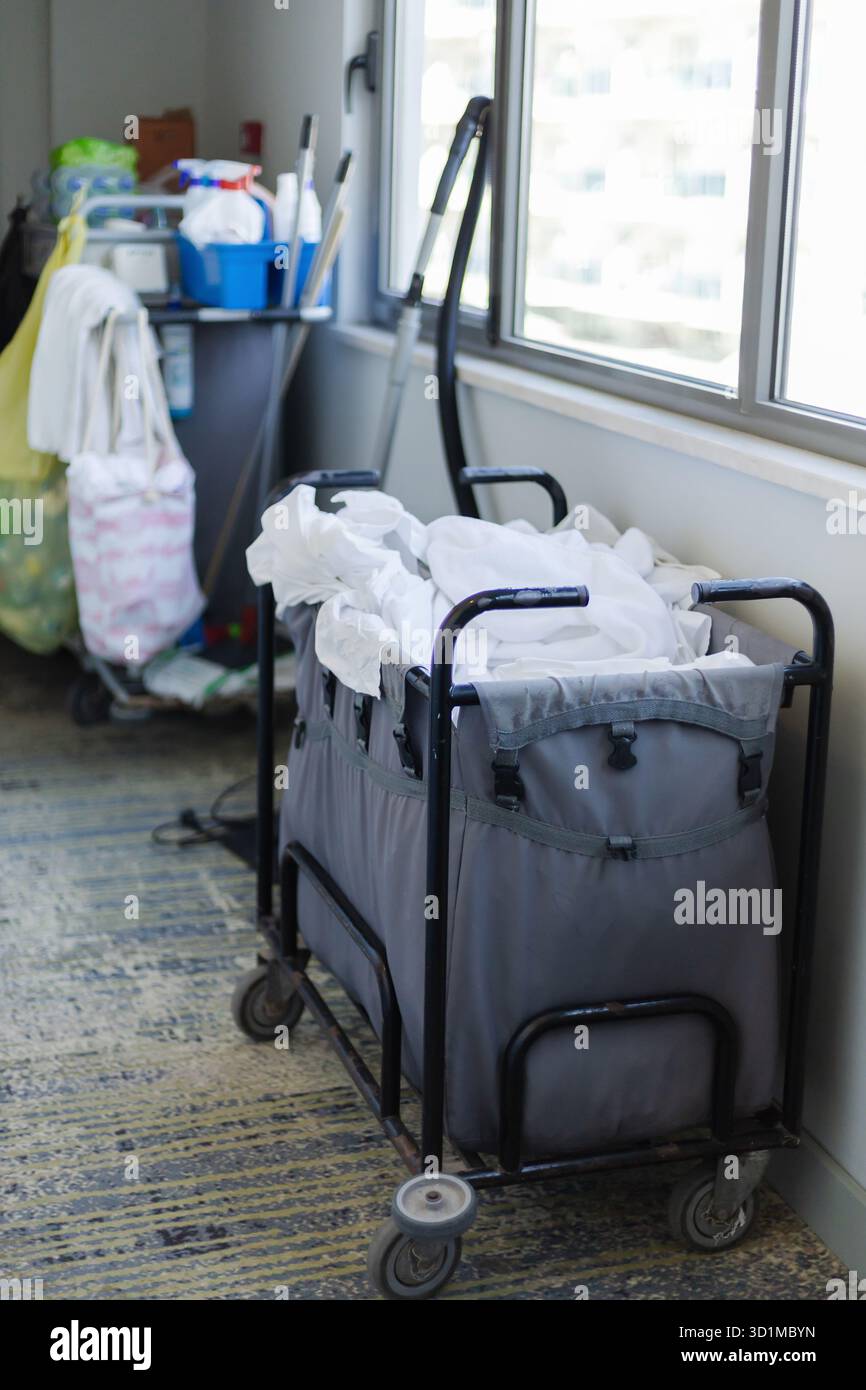 Il personale addetto alle pulizie si prepara al ricambio degli ospiti raccogliendo le lenzuola usate e le forniture dalla camera dell'hotel. Il servizio assicura un ambiente ordinato e accogliente Foto Stock