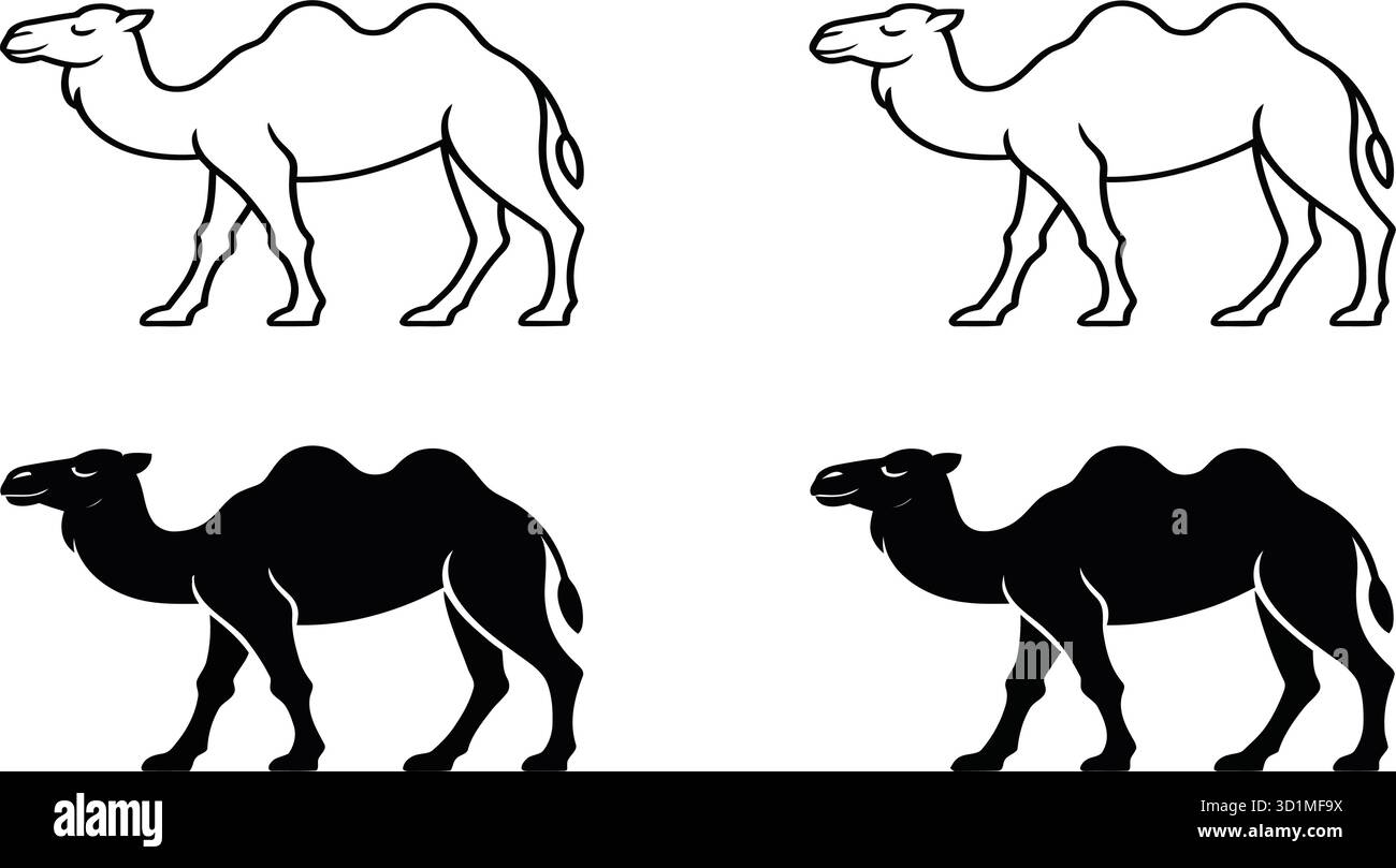 Set di silhouette a cammello con cammelli battriani in linea e tinta unita per temi di design di animali, deserto e fauna selvatica Illustrazione Vettoriale