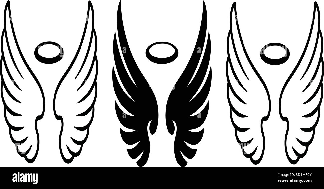 Set di ali d'angelo e silhouette alone con tre disegni simmetrici in bianco e nero per temi spirituali, simbolici e decorativi Illustrazione Vettoriale